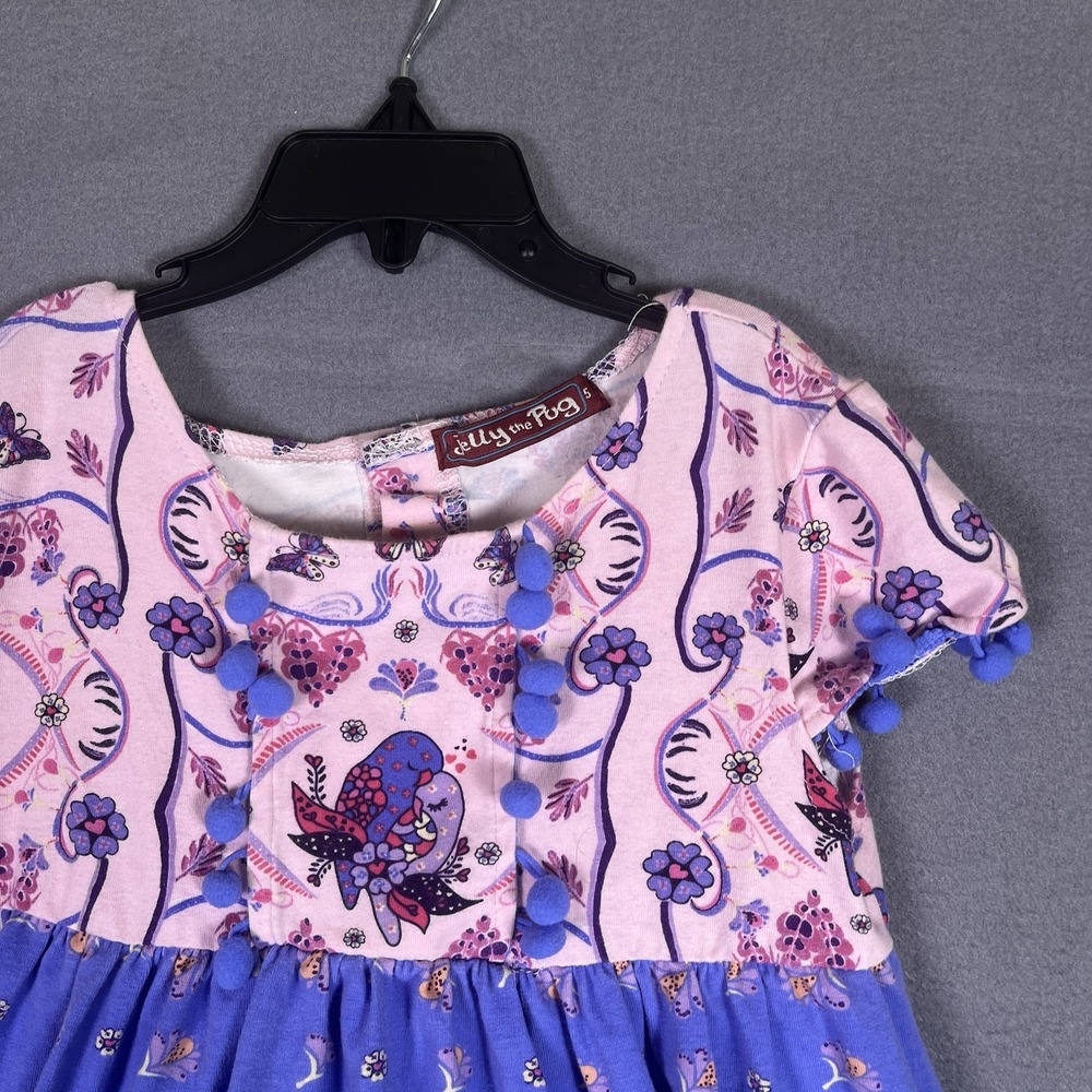 Jelly The Pug Bird Butterfly Dress Girls 5 Pink Purple Ruffle Pom Pom A-Line - Picture 3 of 3